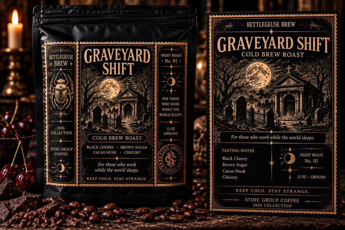 Graveyard Shift coffee packaging and collection card with completed three-panel label, BETTLEGEUSE BREW 2026