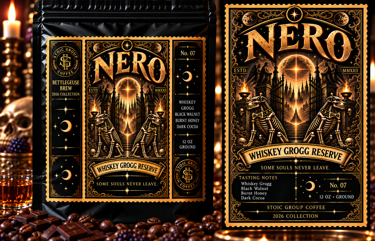 NERO • Whiskey Grogg Reserve packaging, BETTLEGEUSE BREW 2026 Collection